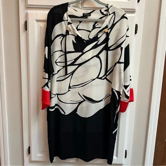 Escada 100% Silk Floral Tunic Dress with Pockets Black White Red Size 38 - Picture 2 of 15